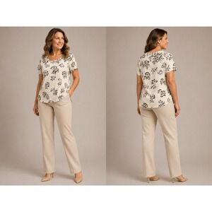 d&co XL Floral Print Top Cream Black Casual Boho Stretch Blouse Super‎ Cute